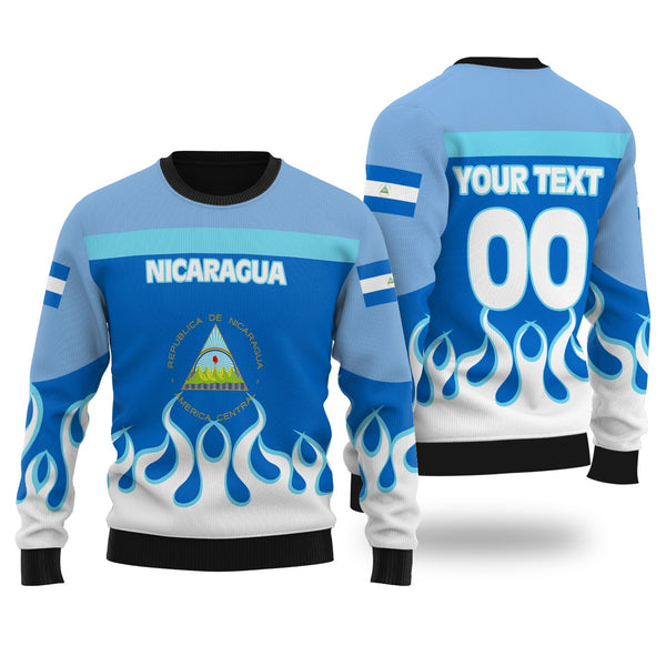 Nicaragua Ugly Sweater Flag & Coat Of Arms Fire Hockey Style