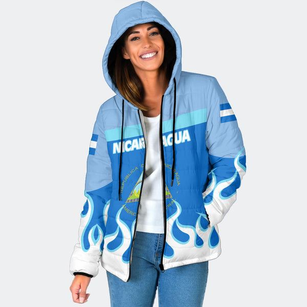 Nicaragua Women Hooded Padded Jacket Flag & Coat Of Arms Fire Hockey Style