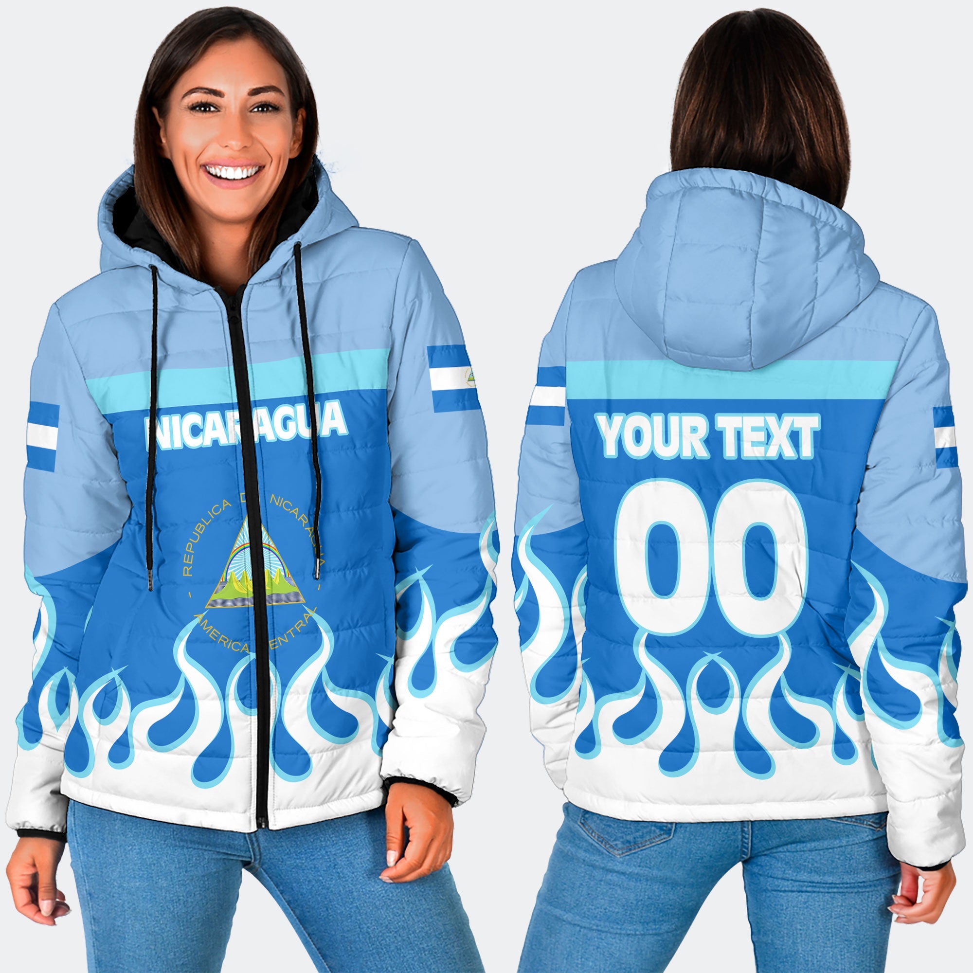 Nicaragua Women Hooded Padded Jacket Flag & Coat Of Arms Fire Hockey Style