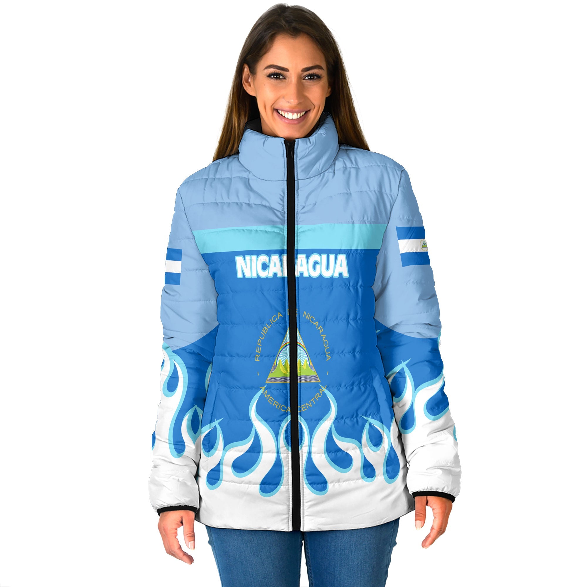 Nicaragua Women Padded Jacket Flag & Coat Of Arms Fire Hockey Style