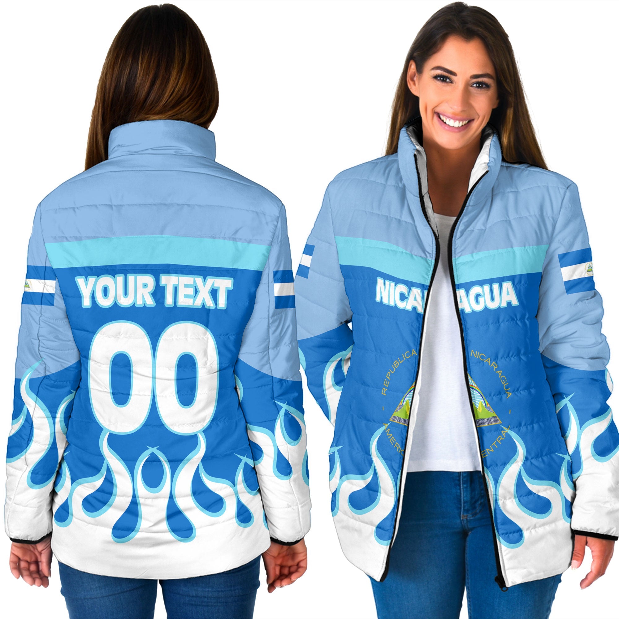 Nicaragua Women Padded Jacket Flag & Coat Of Arms Fire Hockey Style