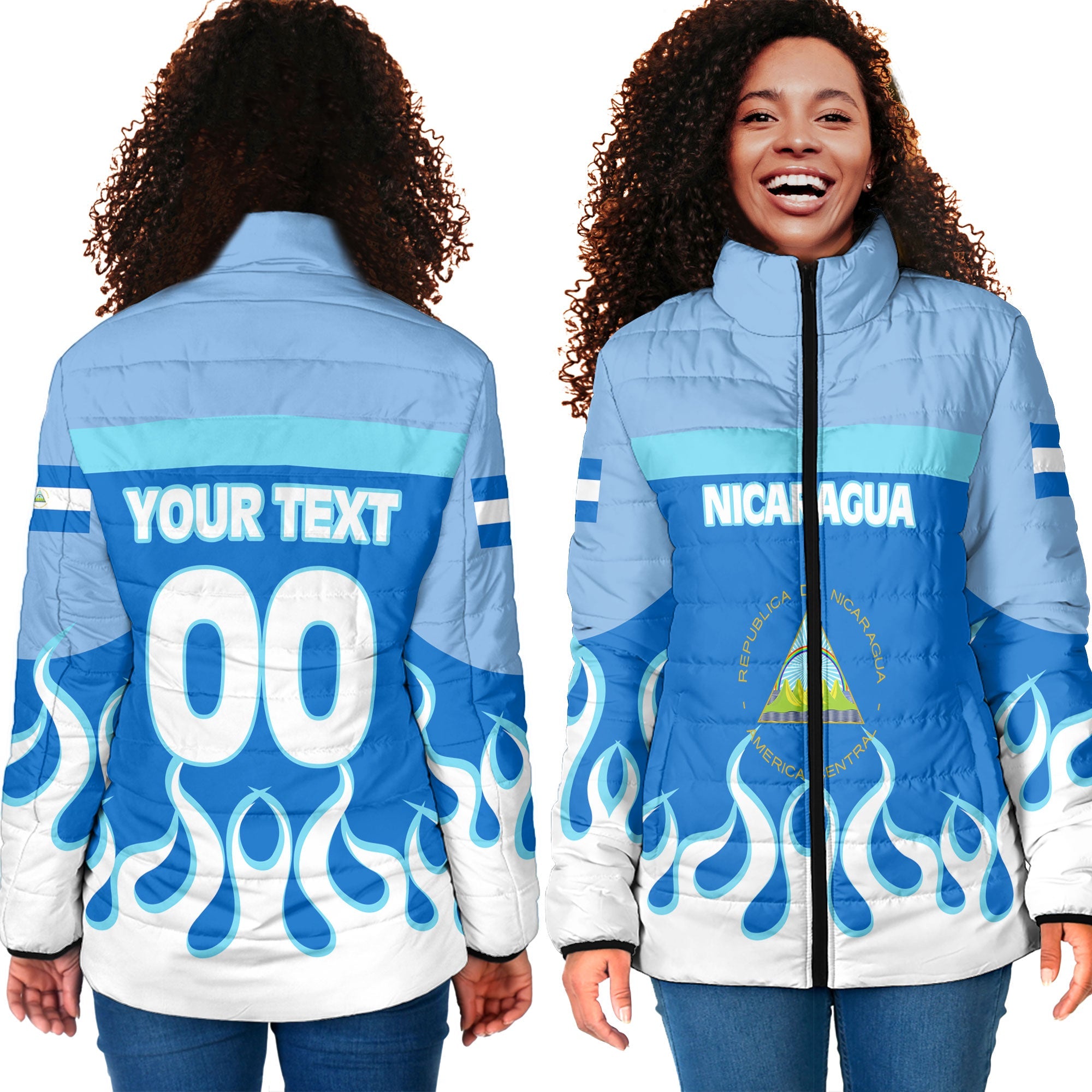 Nicaragua Women Padded Jacket Flag & Coat Of Arms Fire Hockey Style