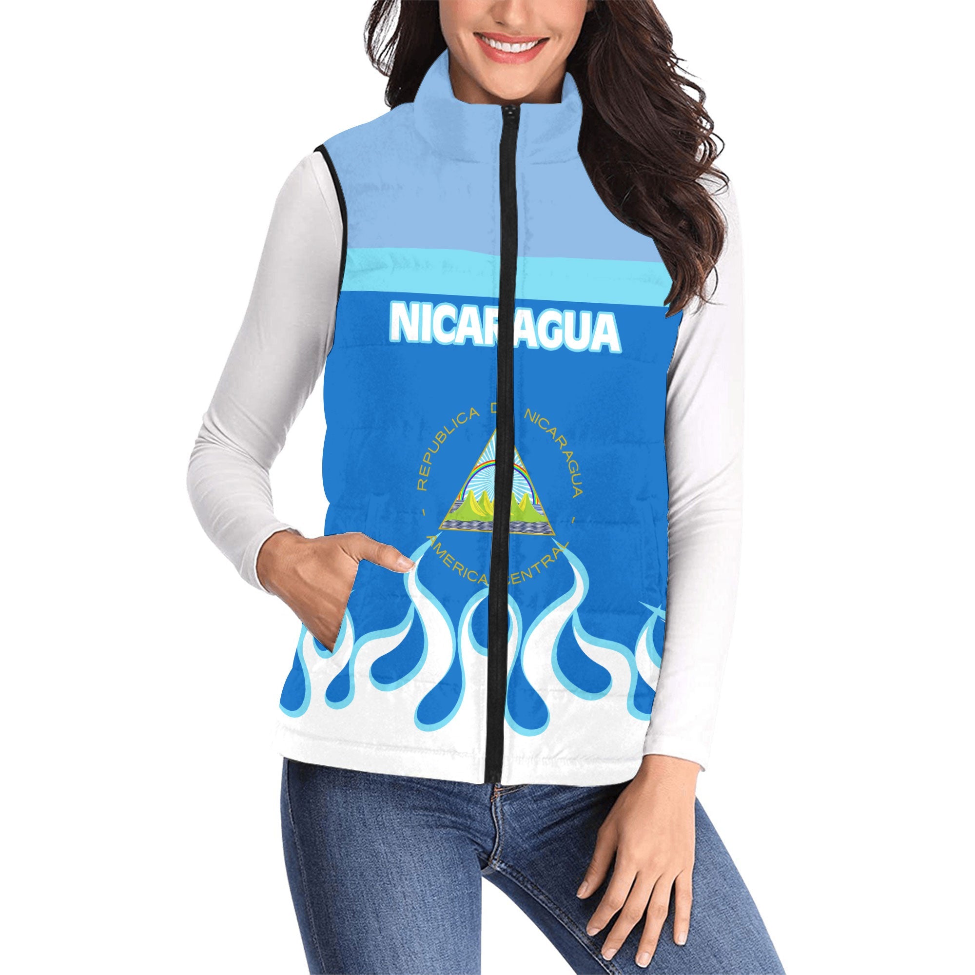 Nicaragua Women Padded Jacket Vest Flag & Coat Of Arms Fire Hockey Style