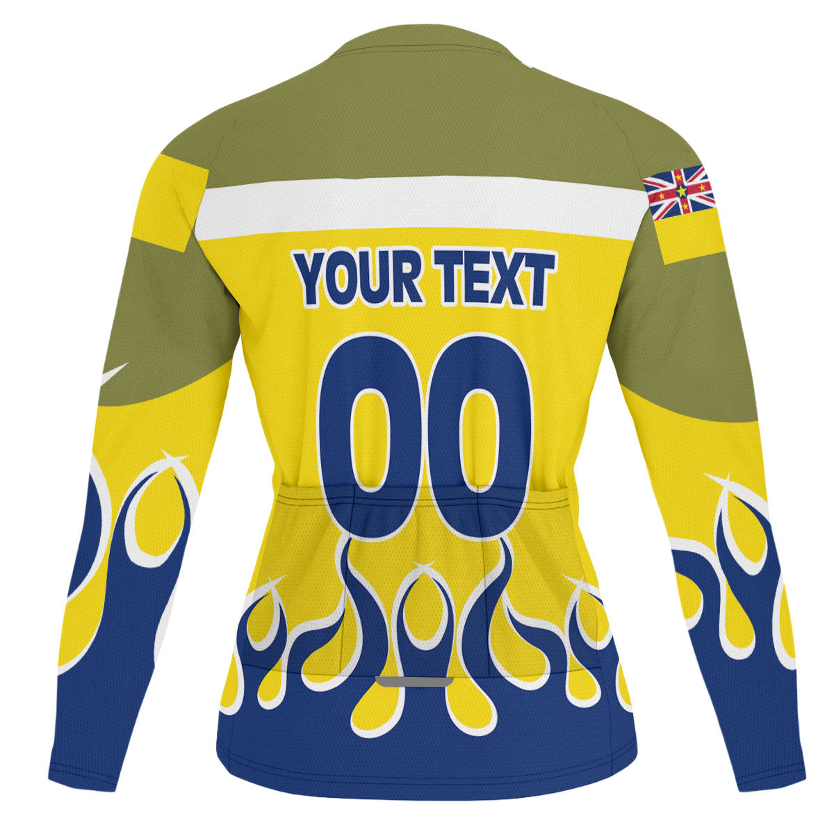 Niue Men's Cycling Jersey Long Sleeve Flag & Coat Of Arms Fire Hockey Style