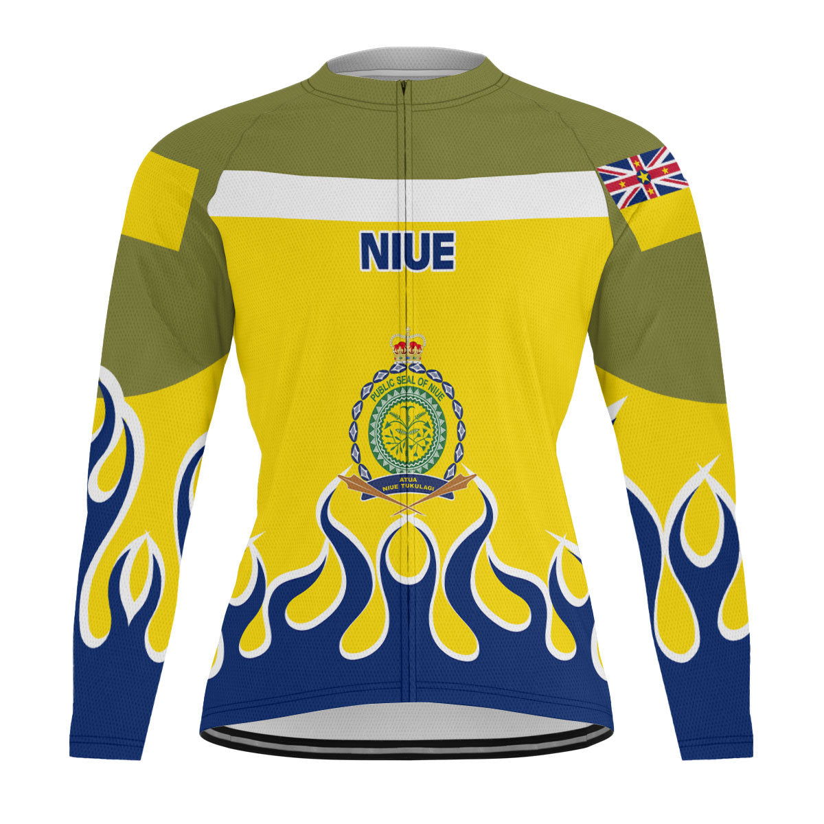 Niue Men's Cycling Jersey Long Sleeve Flag & Coat Of Arms Fire Hockey Style