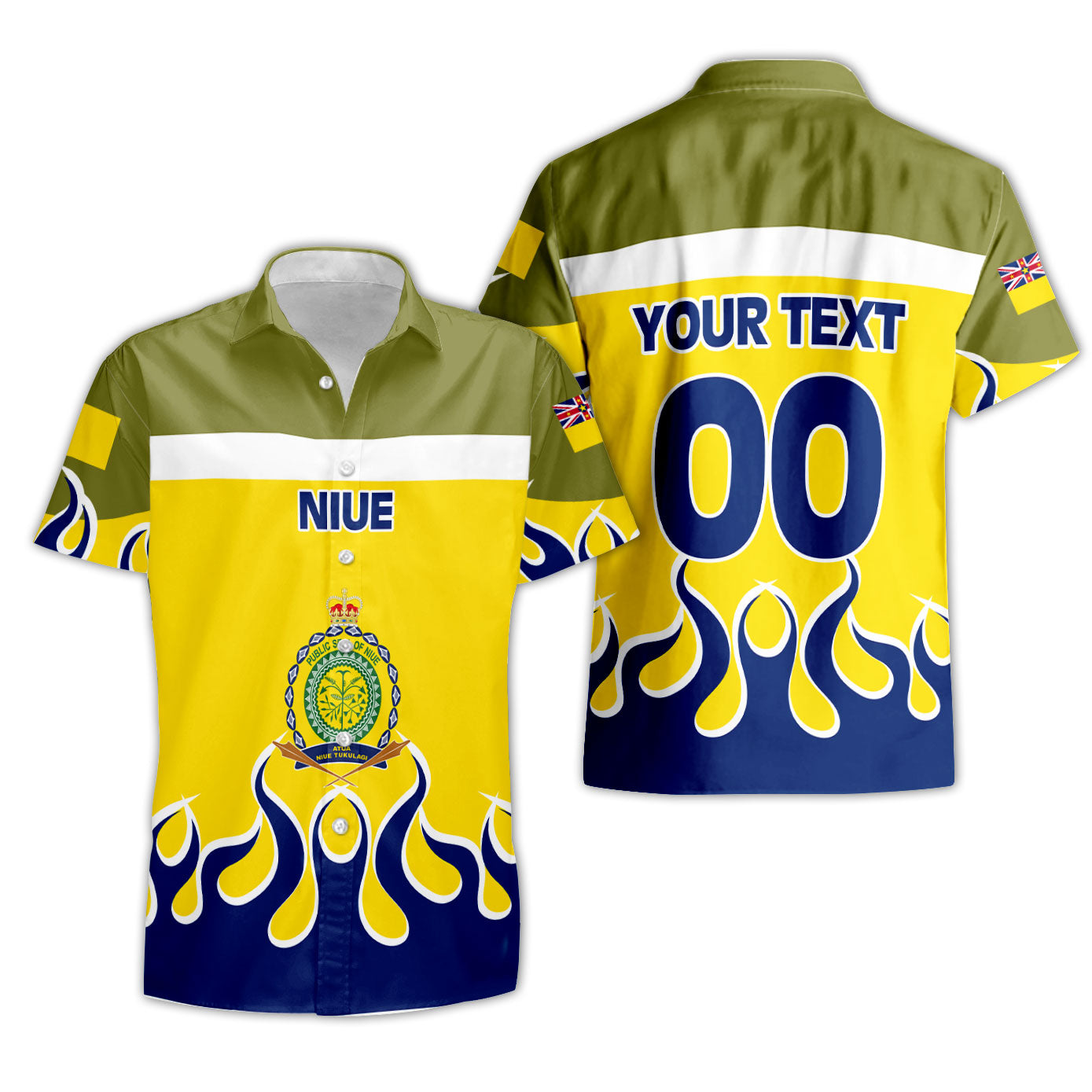 Niue Short Sleeve Shirt Flag & Coat Of Arms Fire Hockey Style