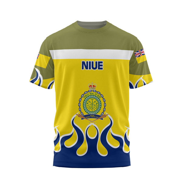 Niue T Shirt Flag & Coat Of Arms Fire Hockey Style