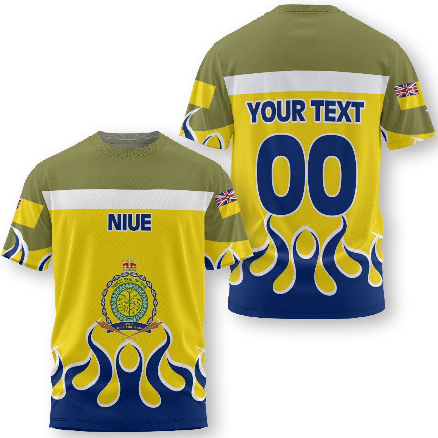 Niue T Shirt Flag & Coat Of Arms Fire Hockey Style