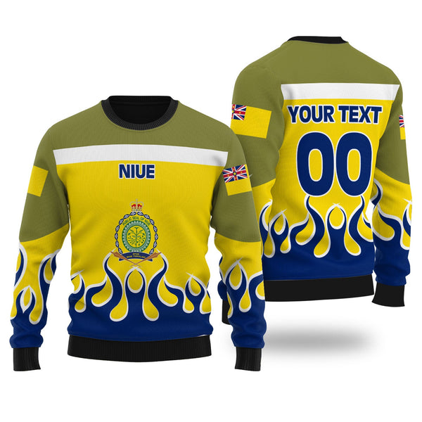 Niue Ugly Sweater Flag & Coat Of Arms Fire Hockey Style