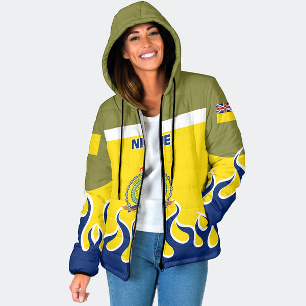 Niue Women Hooded Padded Jacket Flag & Coat Of Arms Fire Hockey Style