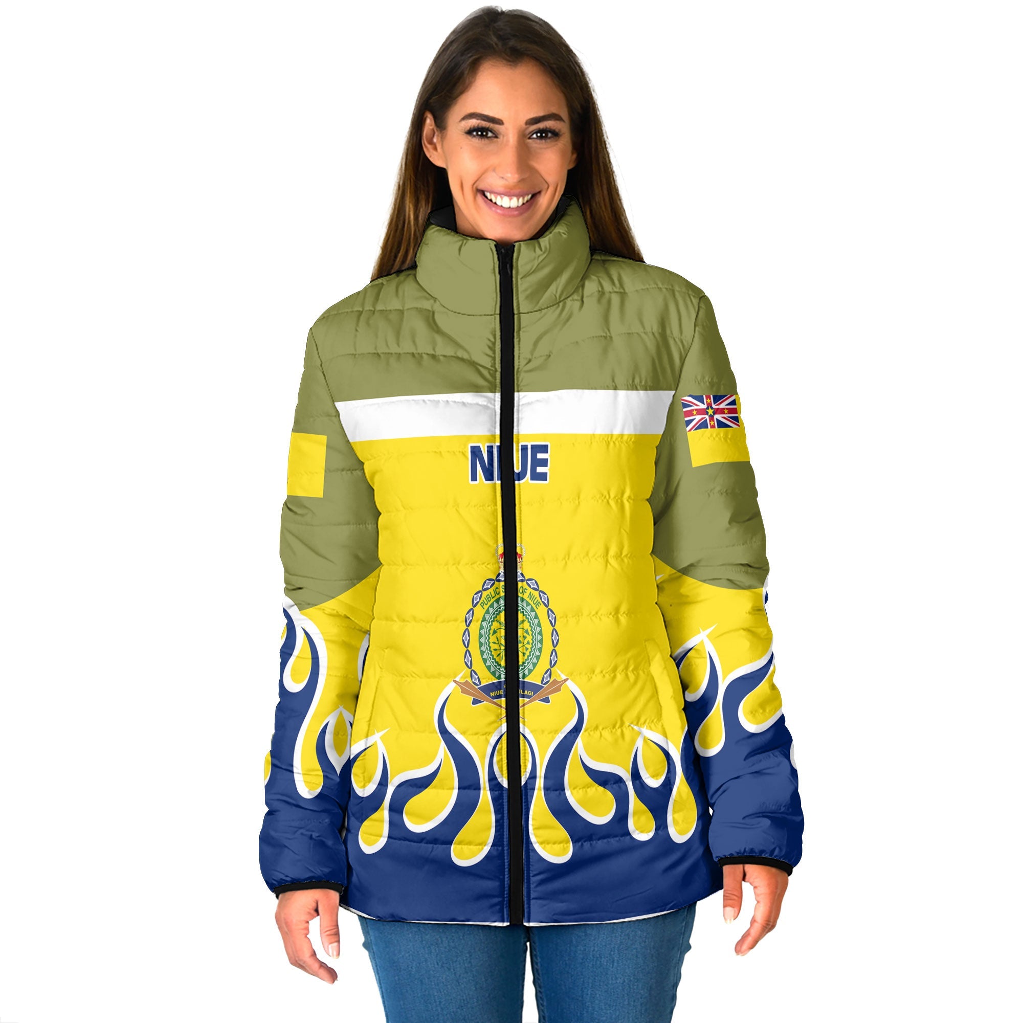 Niue Women Padded Jacket Flag & Coat Of Arms Fire Hockey Style