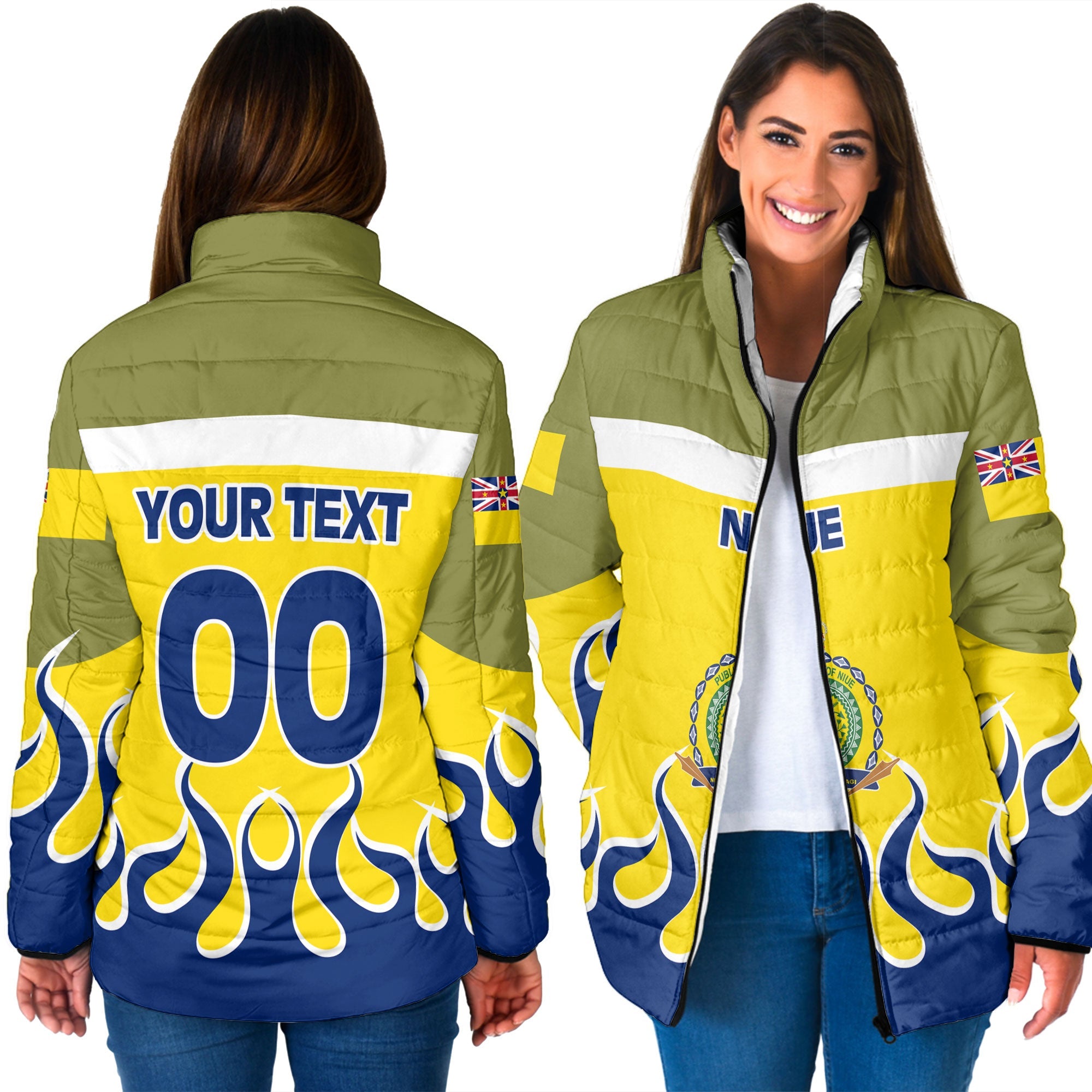 Niue Women Padded Jacket Flag & Coat Of Arms Fire Hockey Style