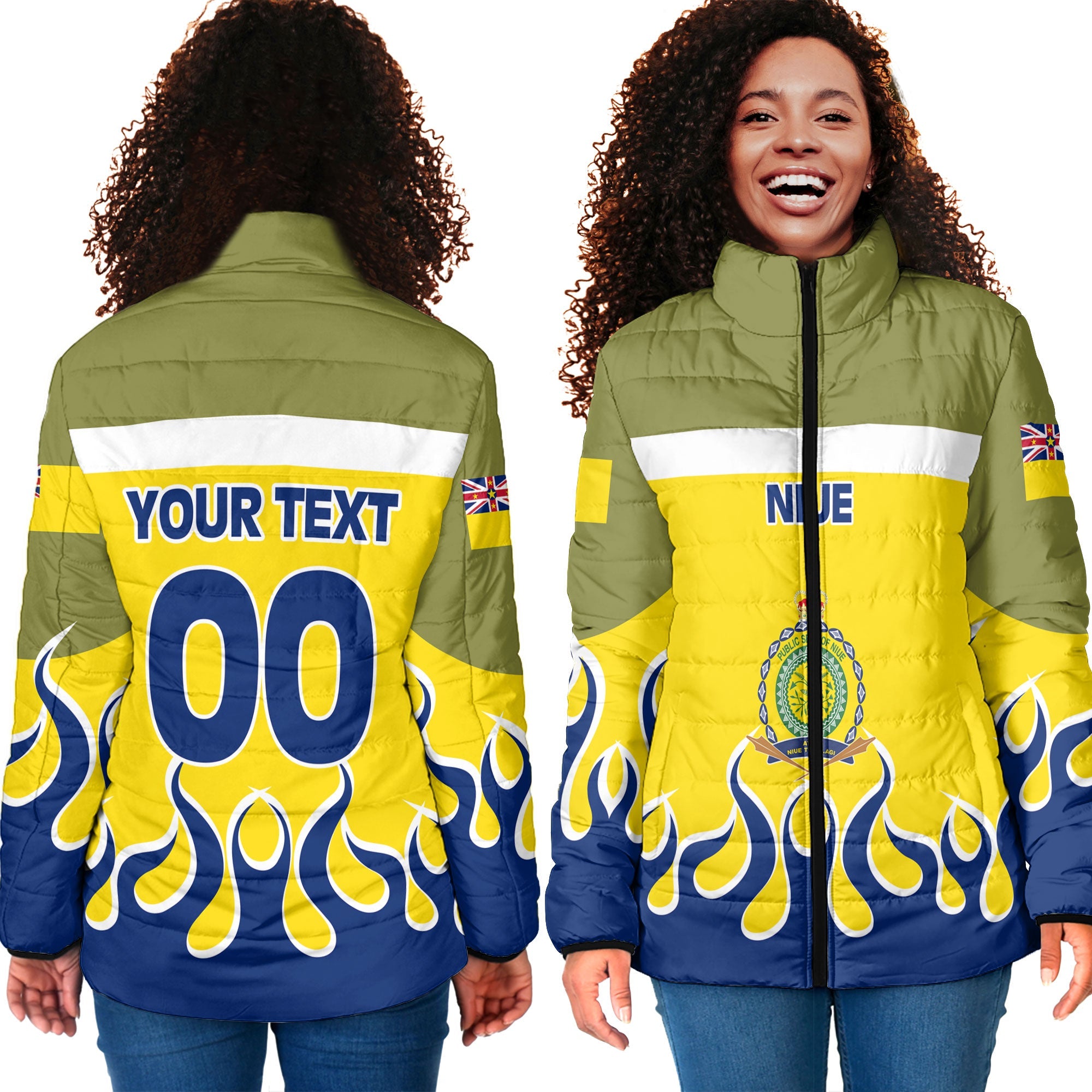 Niue Women Padded Jacket Flag & Coat Of Arms Fire Hockey Style