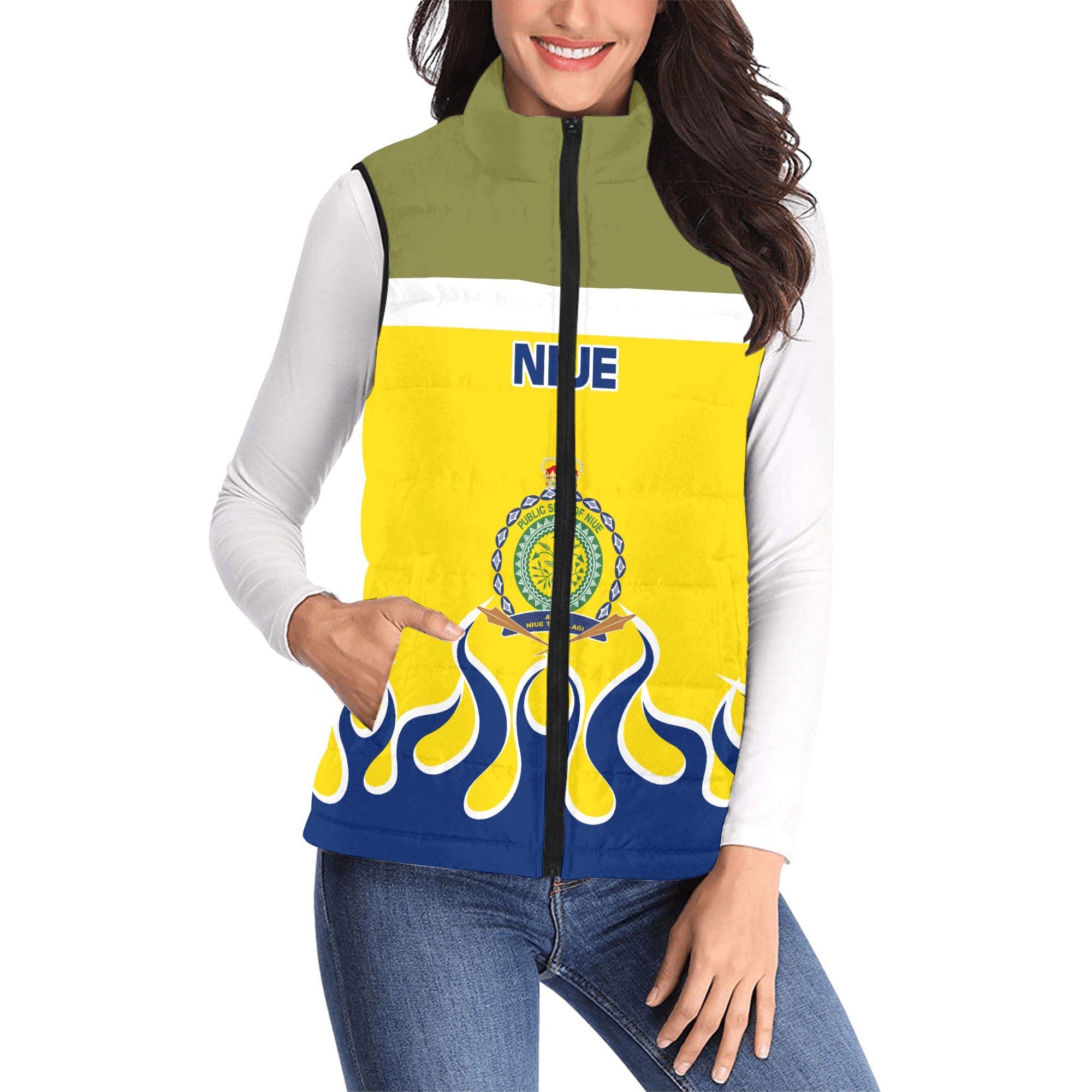 Niue Women Padded Jacket Vest Flag & Coat Of Arms Fire Hockey Style