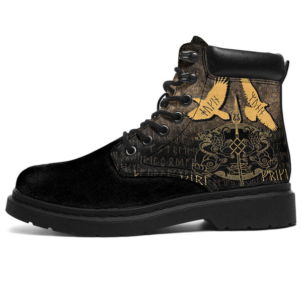 Viking All Season Boots Norse Mythology Spear of Odin Gungnir Runes Geri Freki Huginn Muninn