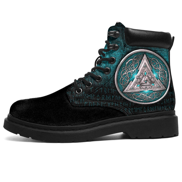 Viking All Season Boots Norse Triskele Valknut Shield in Silver and Cyan