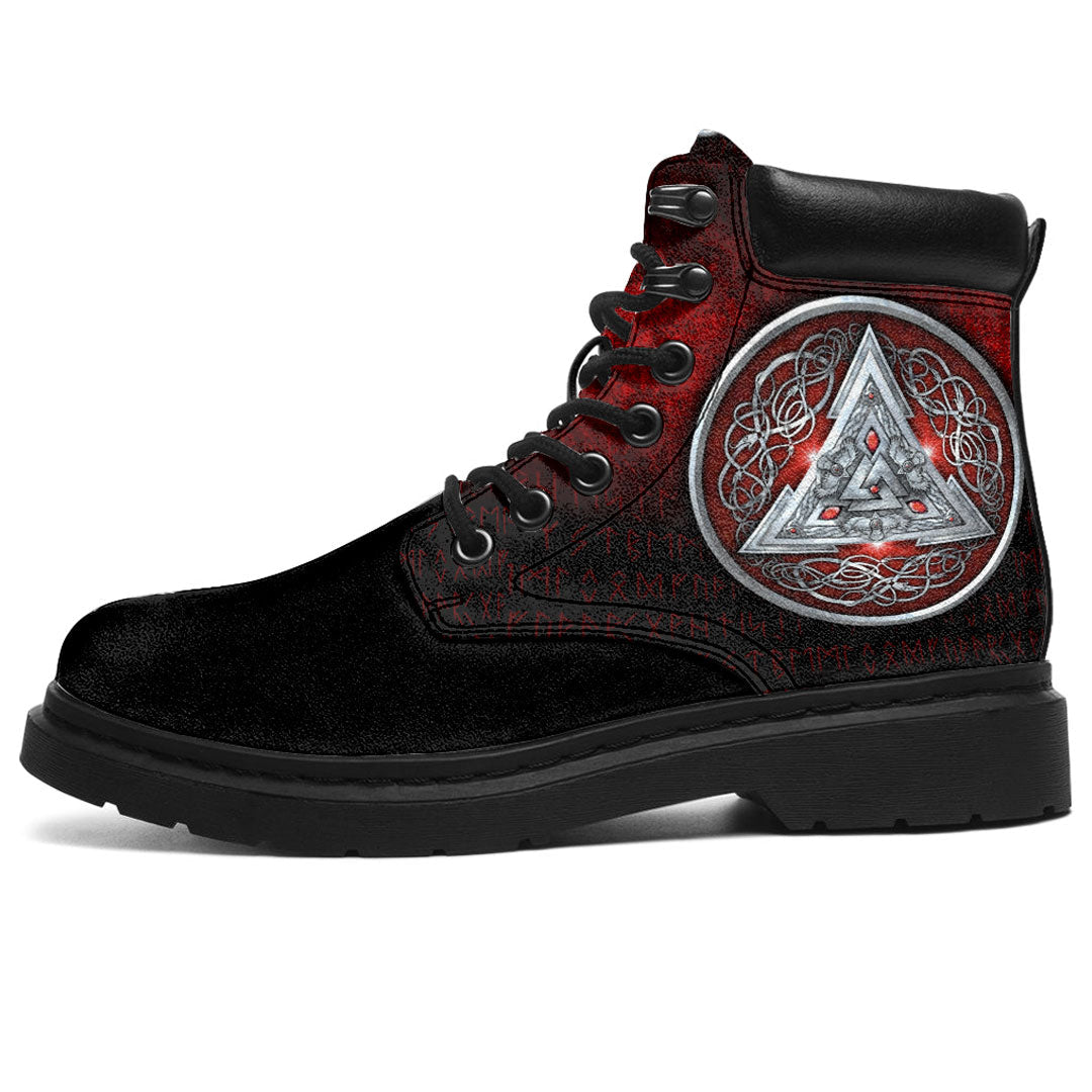 Viking All Season Boots Norse Triskele Valknut Shield in Silver and Red