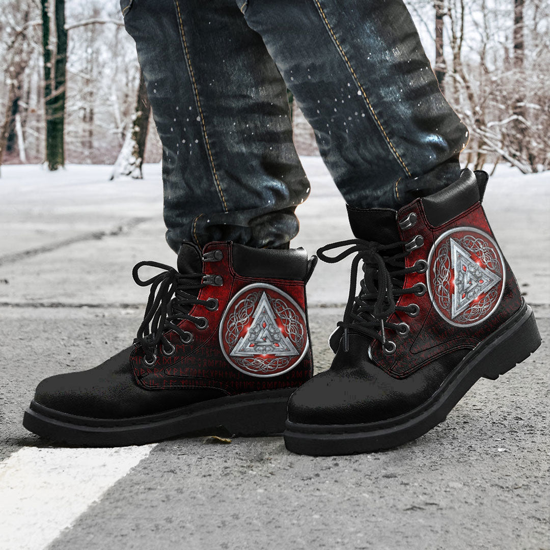 Viking All Season Boots Norse Triskele Valknut Shield in Silver and Red