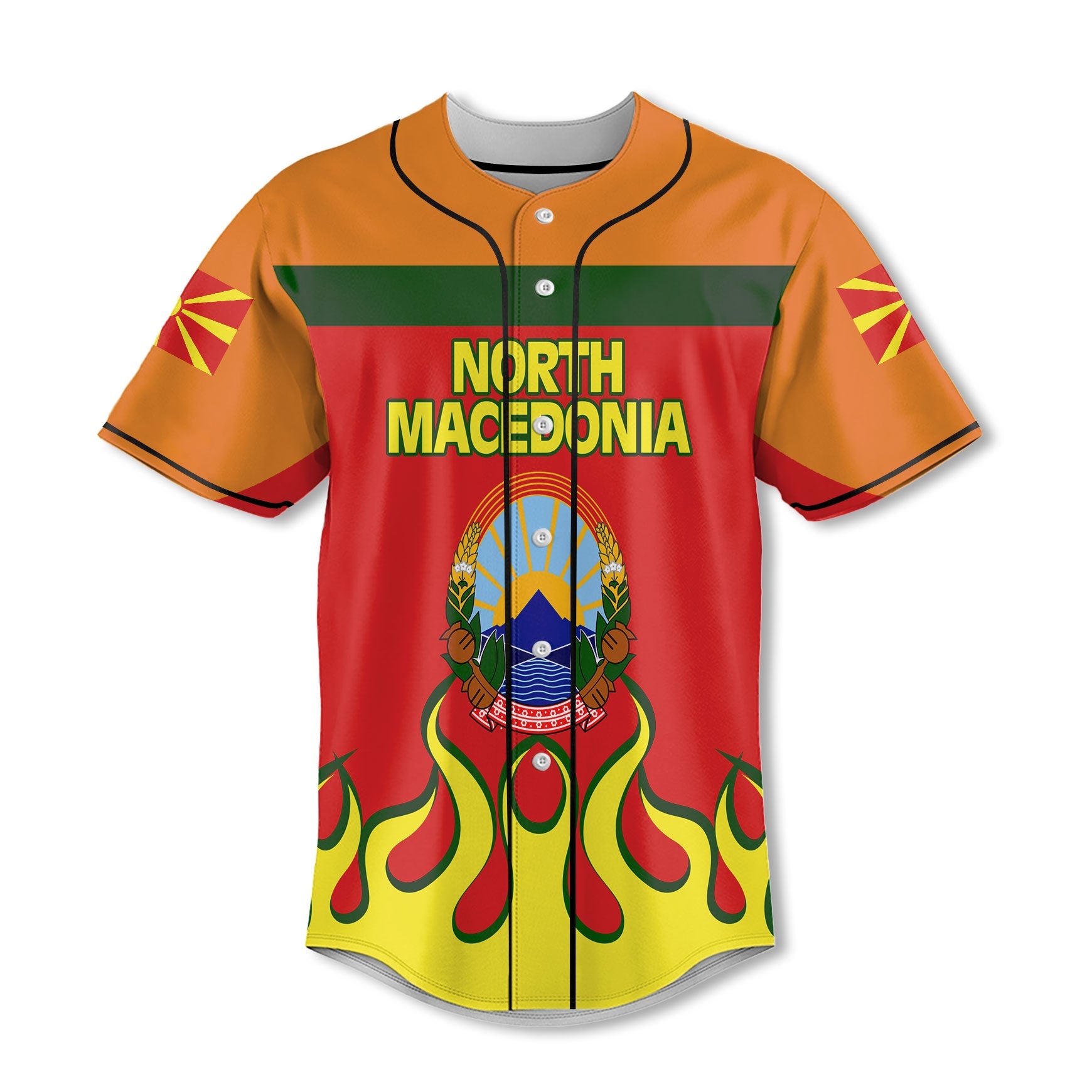 North Macedonia Baseball Jersey Flag & Coat Of Arms Fire Hockey Style