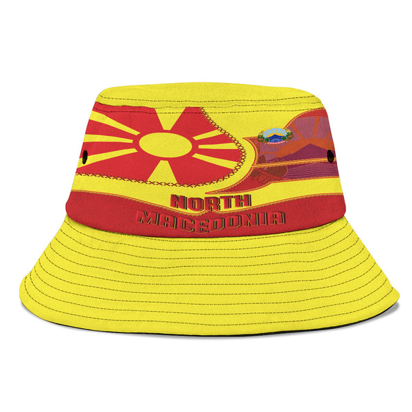 North Macedonia Bucket Hat Flag & Coat Of Arms Leather Style