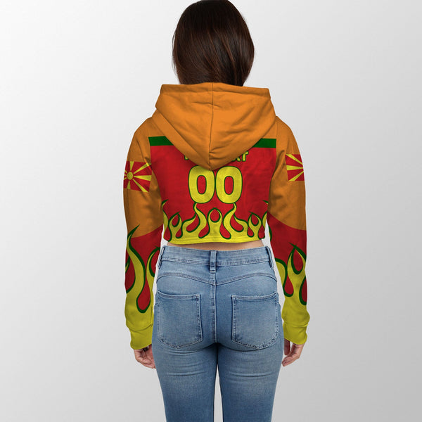 North Macedonia Crop Hoodie Flag & Coat Of Arms Fire Hockey Style