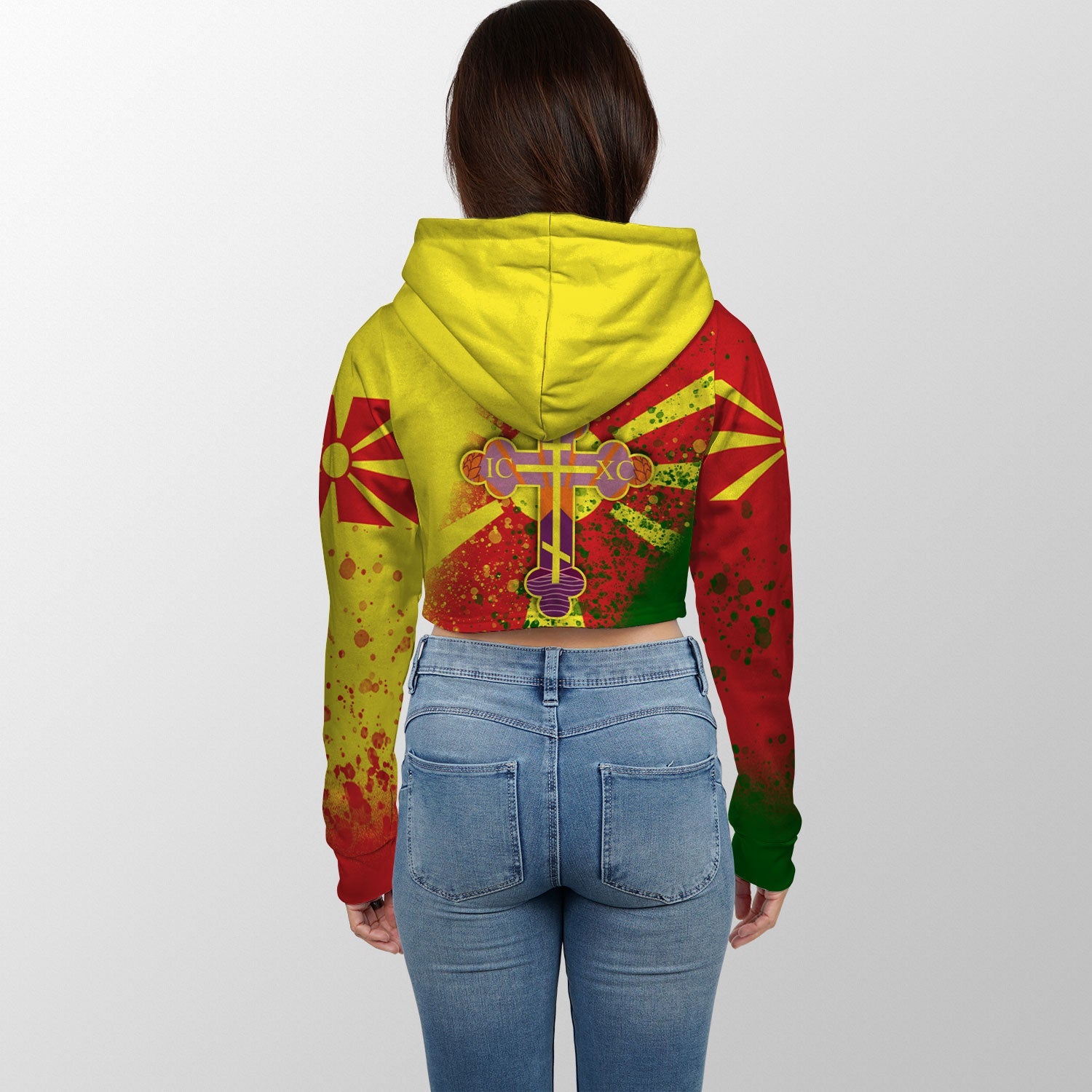 North Macedonia Crop Hoodie Flag & Coat Of Arms Orthodox Style