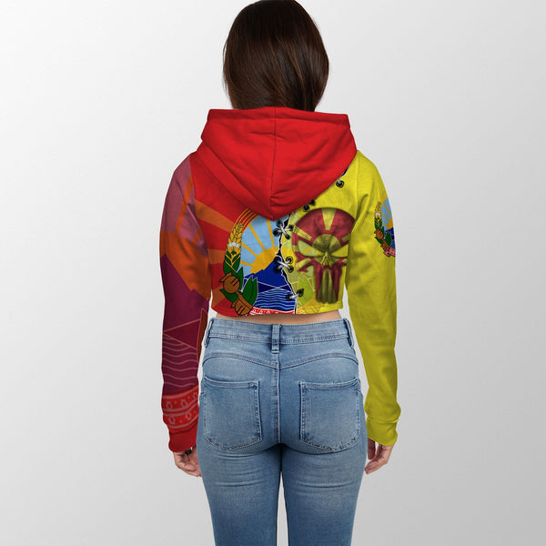 North Macedonia Crop Hoodie Flag & Coat Of Arms Skull Style