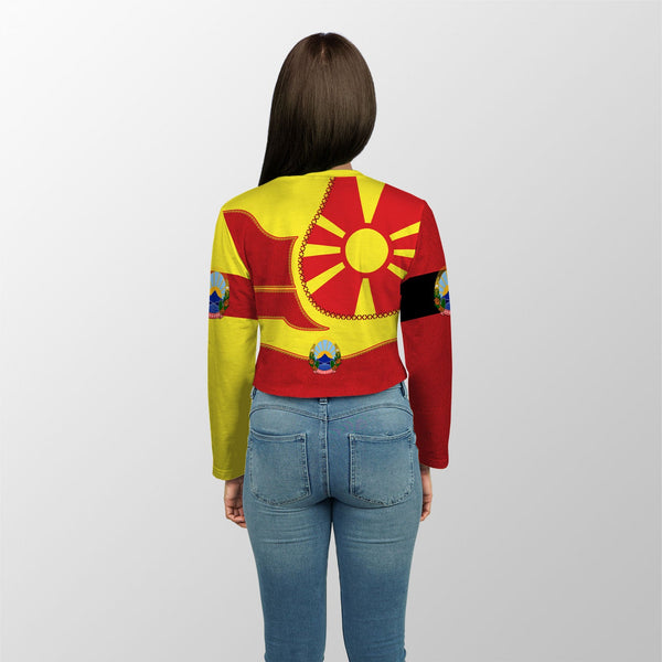 North Macedonia Crop Top Long T Shirt Flag & Coat Of Arms Leather Style