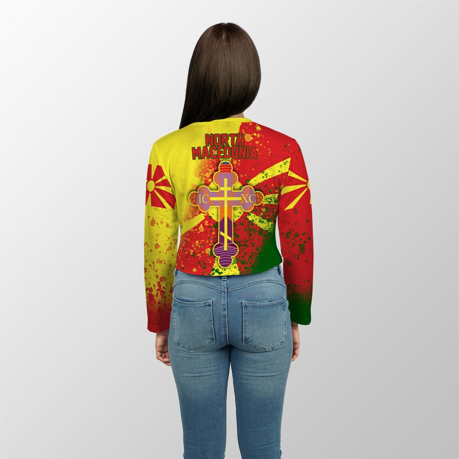 North Macedonia Crop Top Long TShirt Flag & Coat Of Arms Orthodox Style