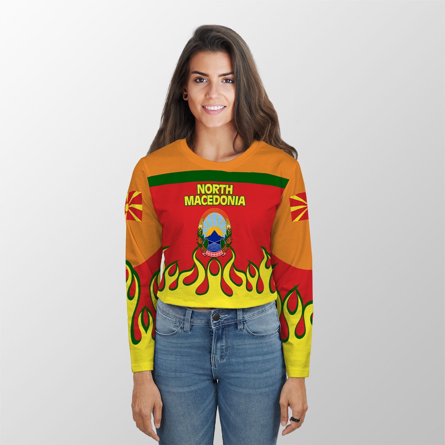 North Macedonia Crop Top Long TShirt Flag & Coat Of Arms Fire Hockey Style