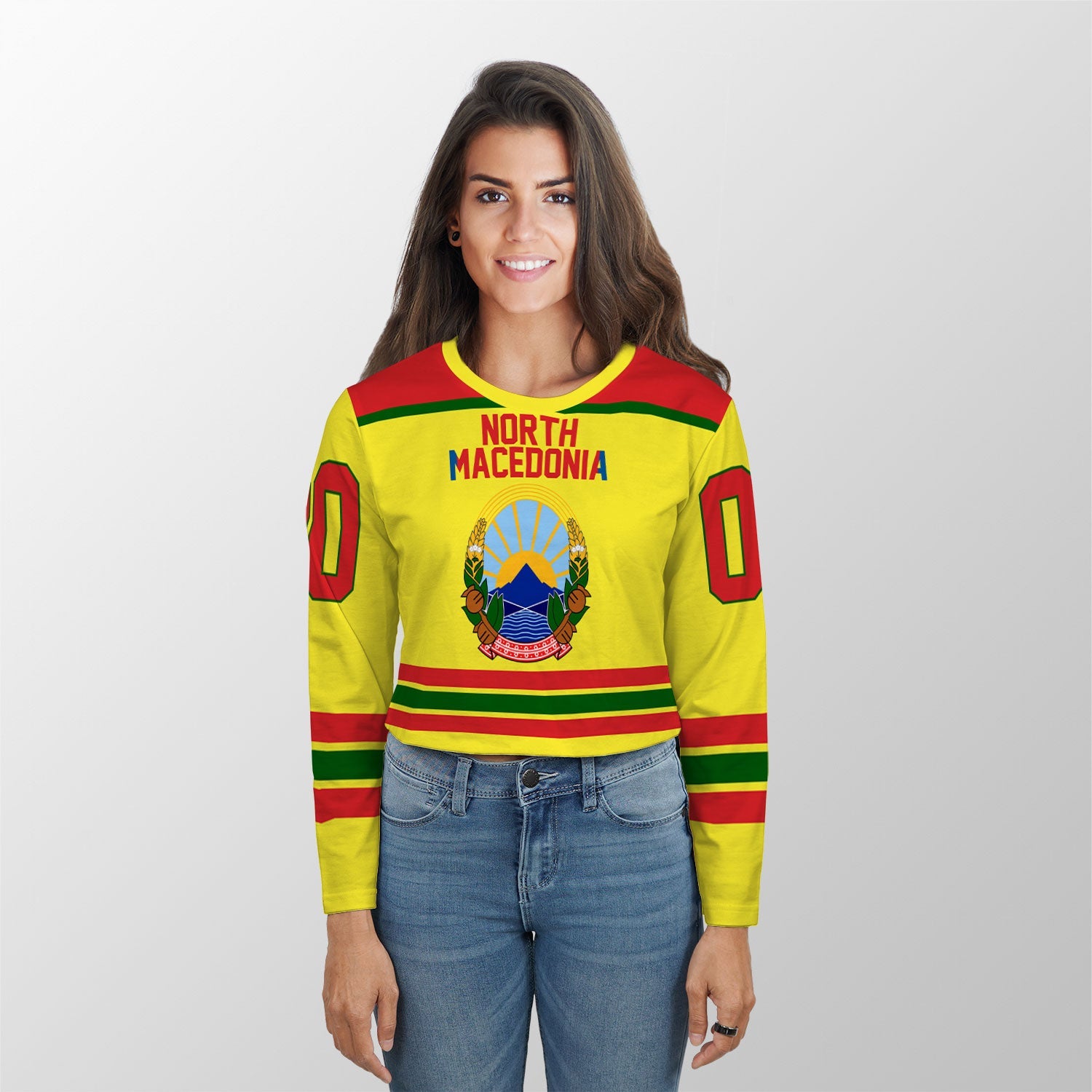 North Macedonia Crop Top Long T Shirt Flag & Coat Of Arms Hockey Style