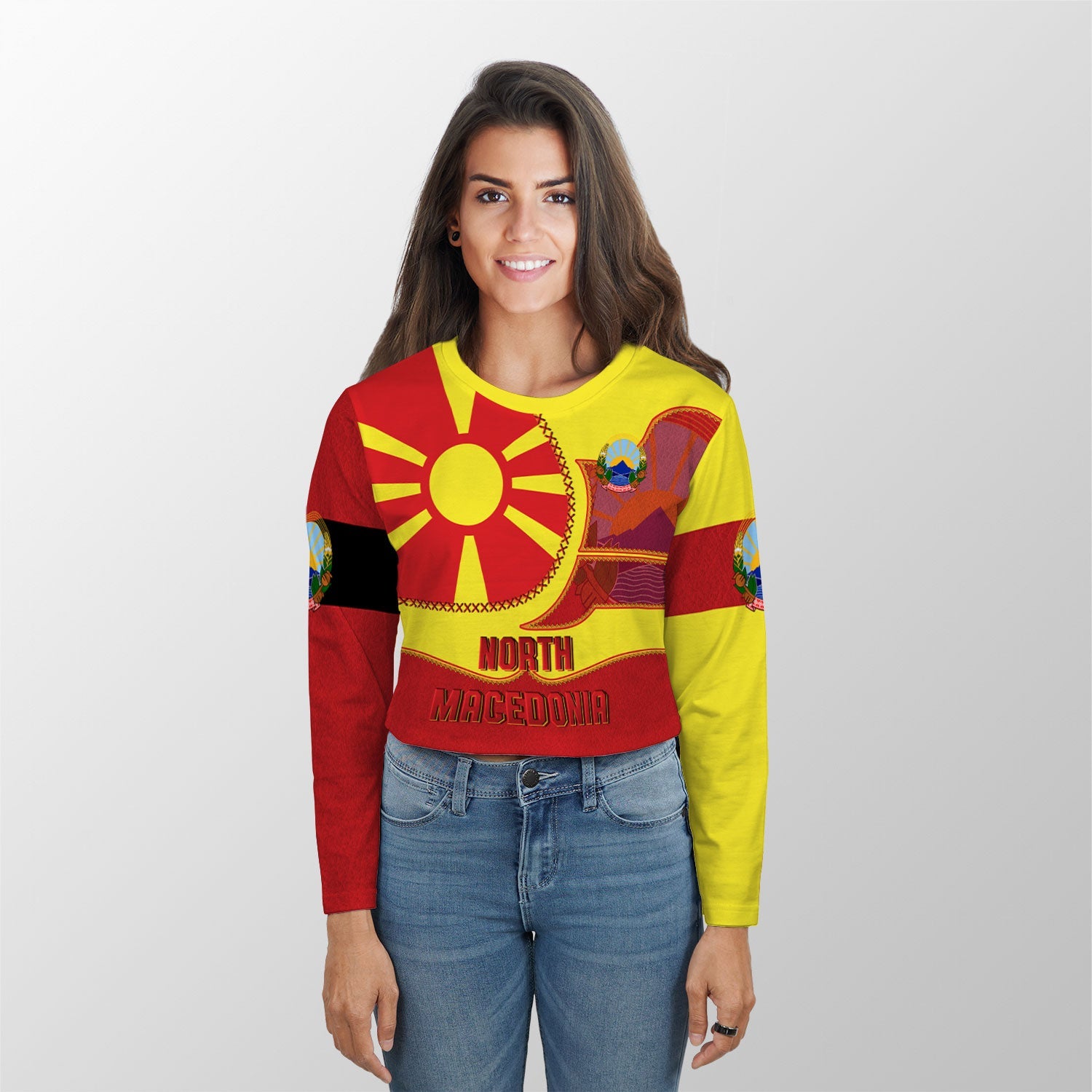 North Macedonia Crop Top Long T Shirt Flag & Coat Of Arms Leather Style