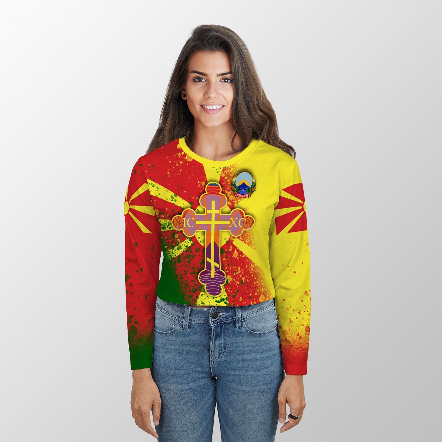 North Macedonia Crop Top Long TShirt Flag & Coat Of Arms Orthodox Style