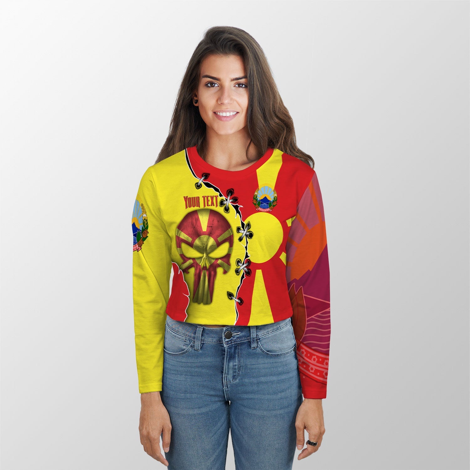 North Macedonia Crop Top Long TShirt Flag & Coat Of Arms Skull Style