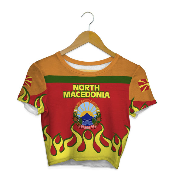 North Macedonia Crop Top T Shirt Flag & Coat Of Arms Fire Hockey Style