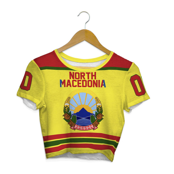 North Macedonia Crop Top T Shirt Flag & Coat Of Arms Hockey Style