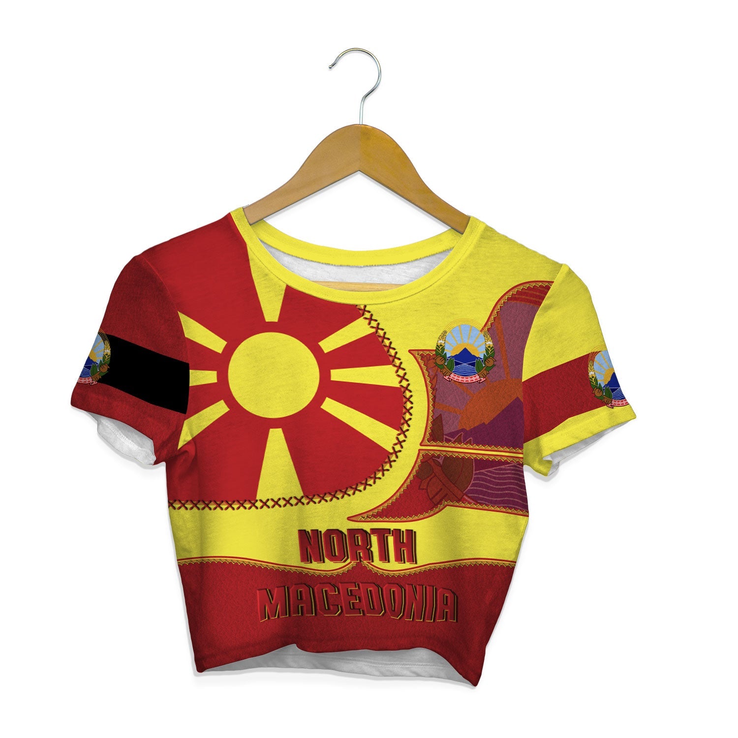 North Macedonia Crop Top T Shirt Flag & Coat Of Arms Leather Style