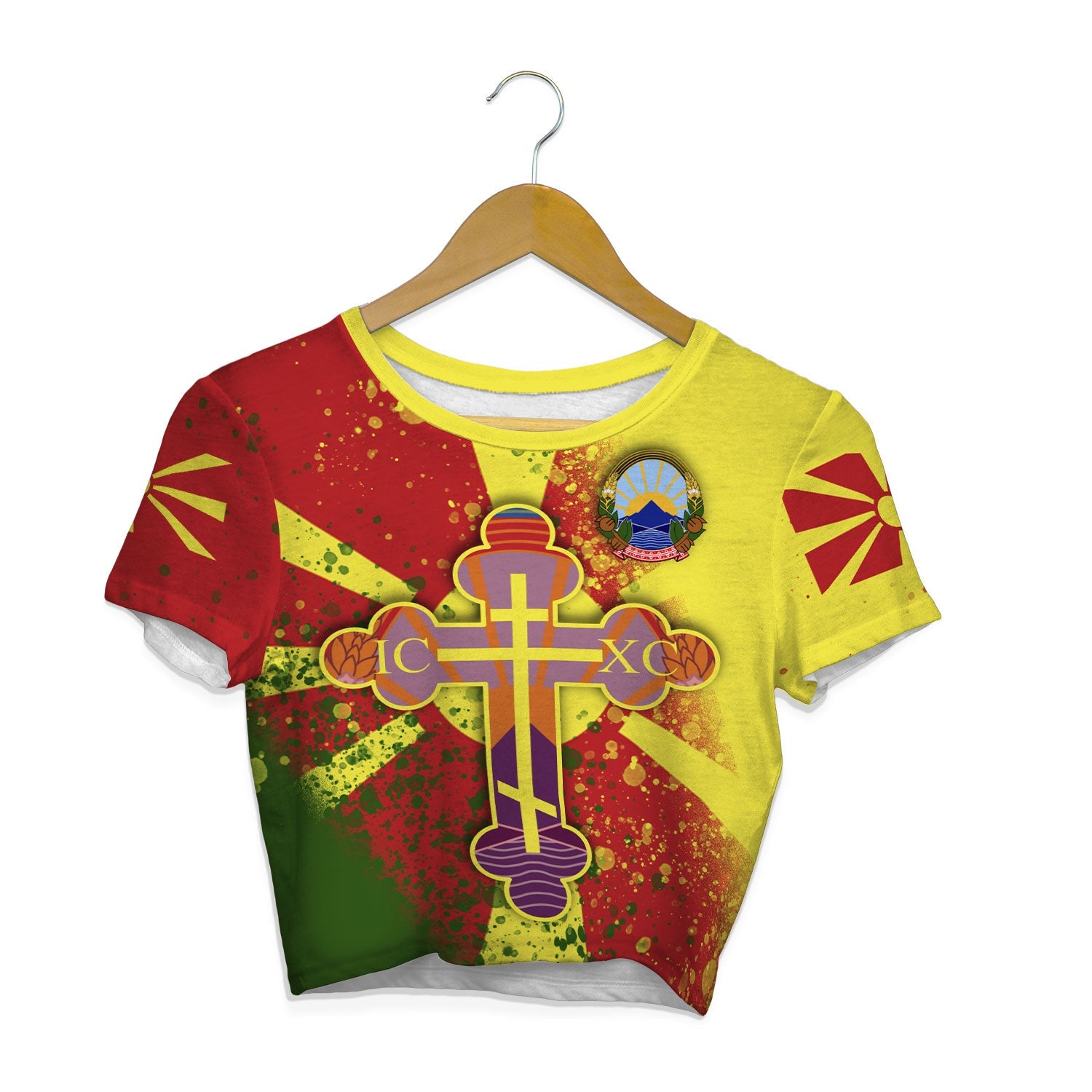 North Macedonia Crop Top T Shirt Flag & Coat Of Arms Orthodox Style