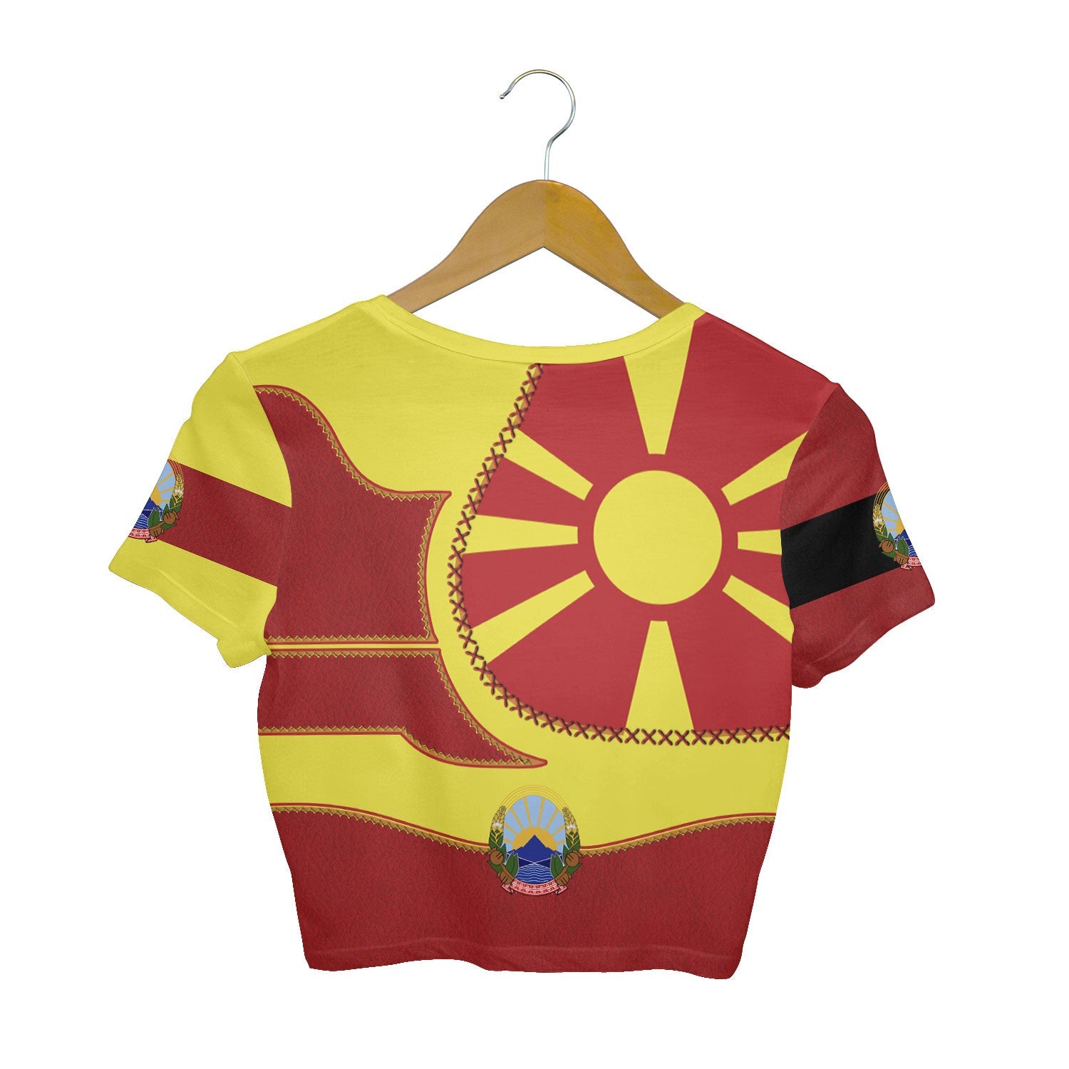 North Macedonia Crop Top T Shirt Flag & Coat Of Arms Leather Style