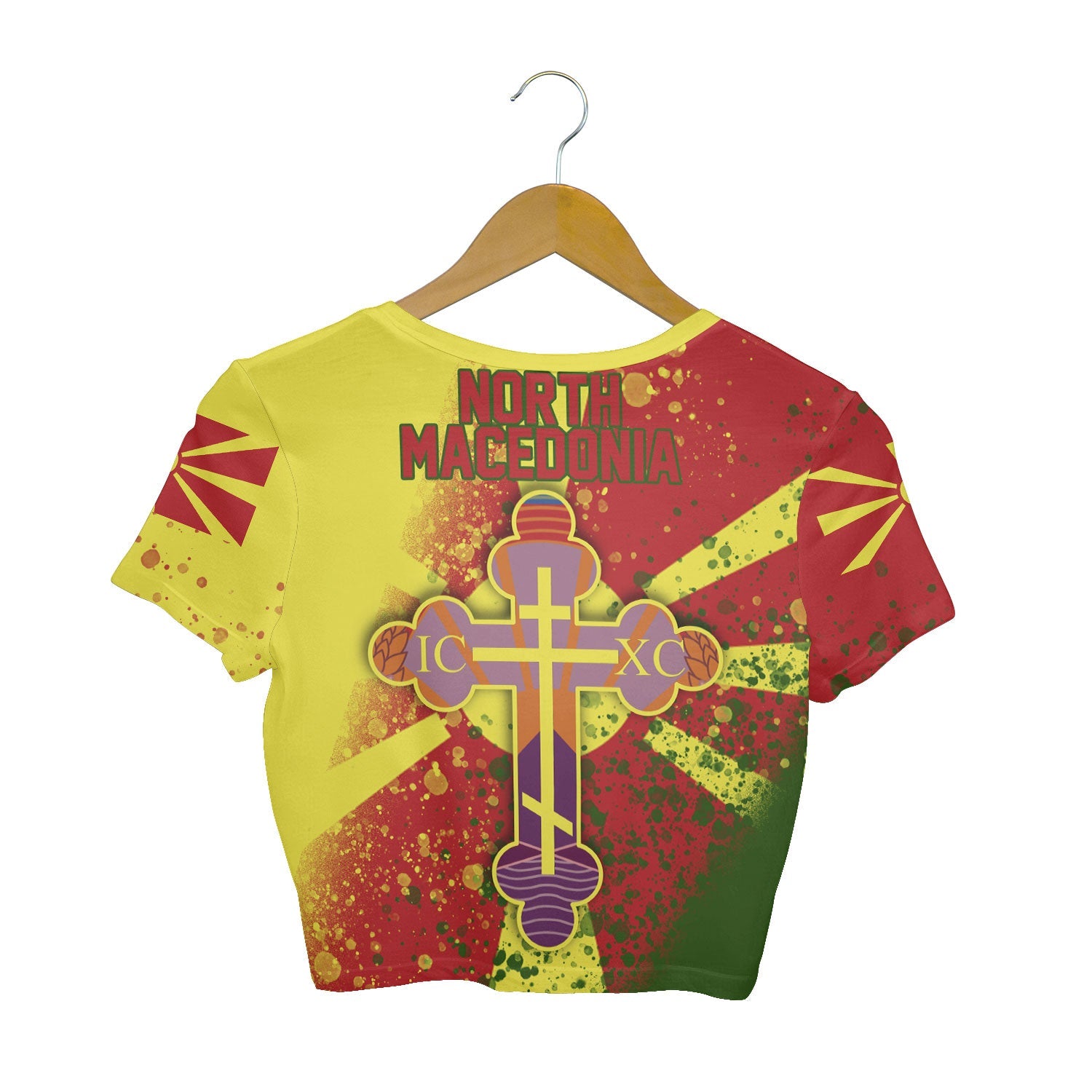 North Macedonia Crop Top T Shirt Flag & Coat Of Arms Orthodox Style