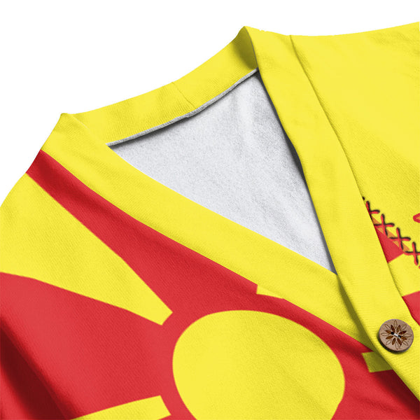 North Macedonia Fleece Cardigan Flag & Coat Of Arms Leather Style