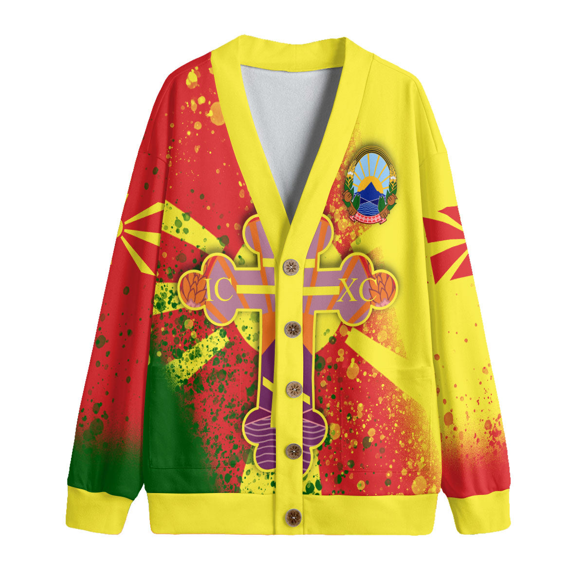 North Macedonia Fleece Cardigan Flag & Coat Of Arms Orthodox Style