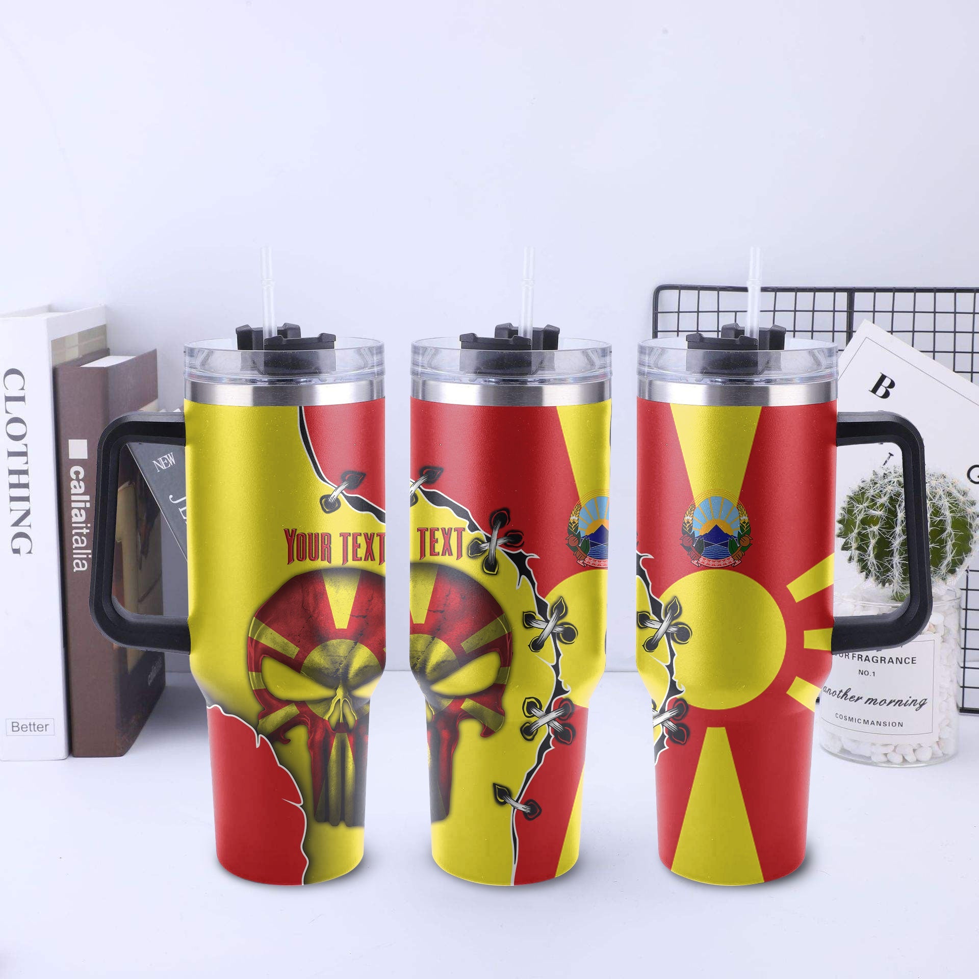 North Macedonia Handle Tumbler Flag & Coat Of Arms Skull Style