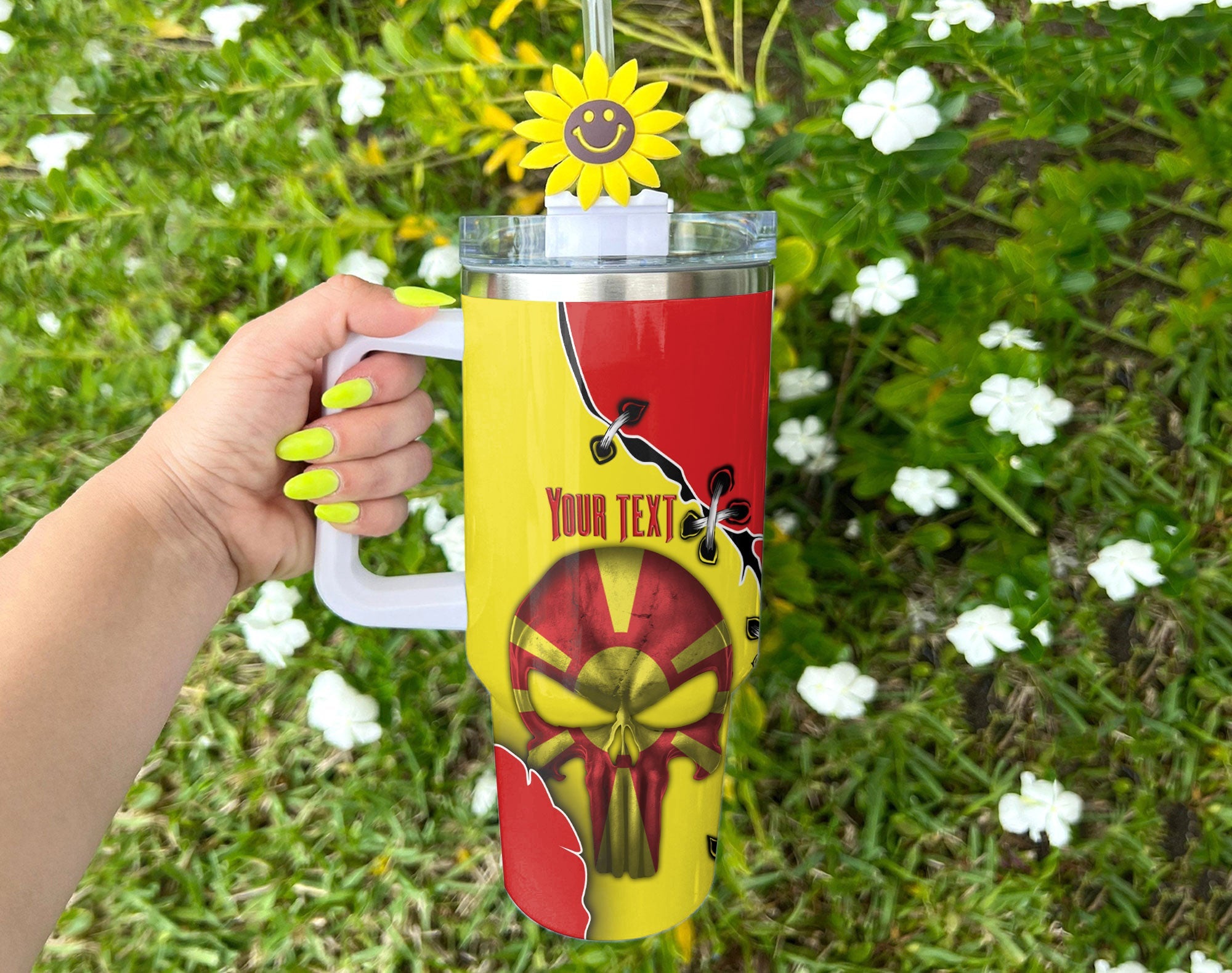 North Macedonia Handle Tumbler Flag & Coat Of Arms Skull Style