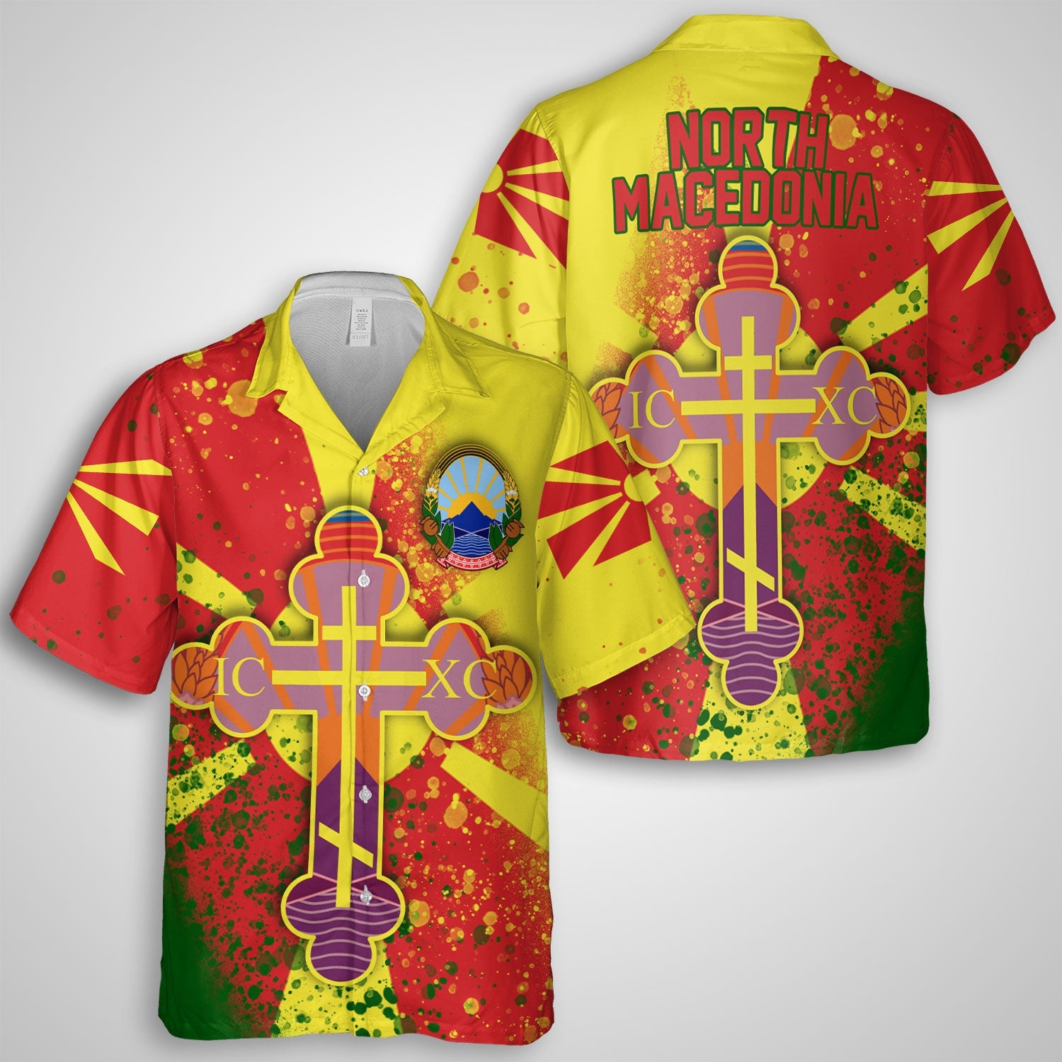 North Macedonia Hawaiian Shirt Flag & Coat Of Arms Orthodox Style