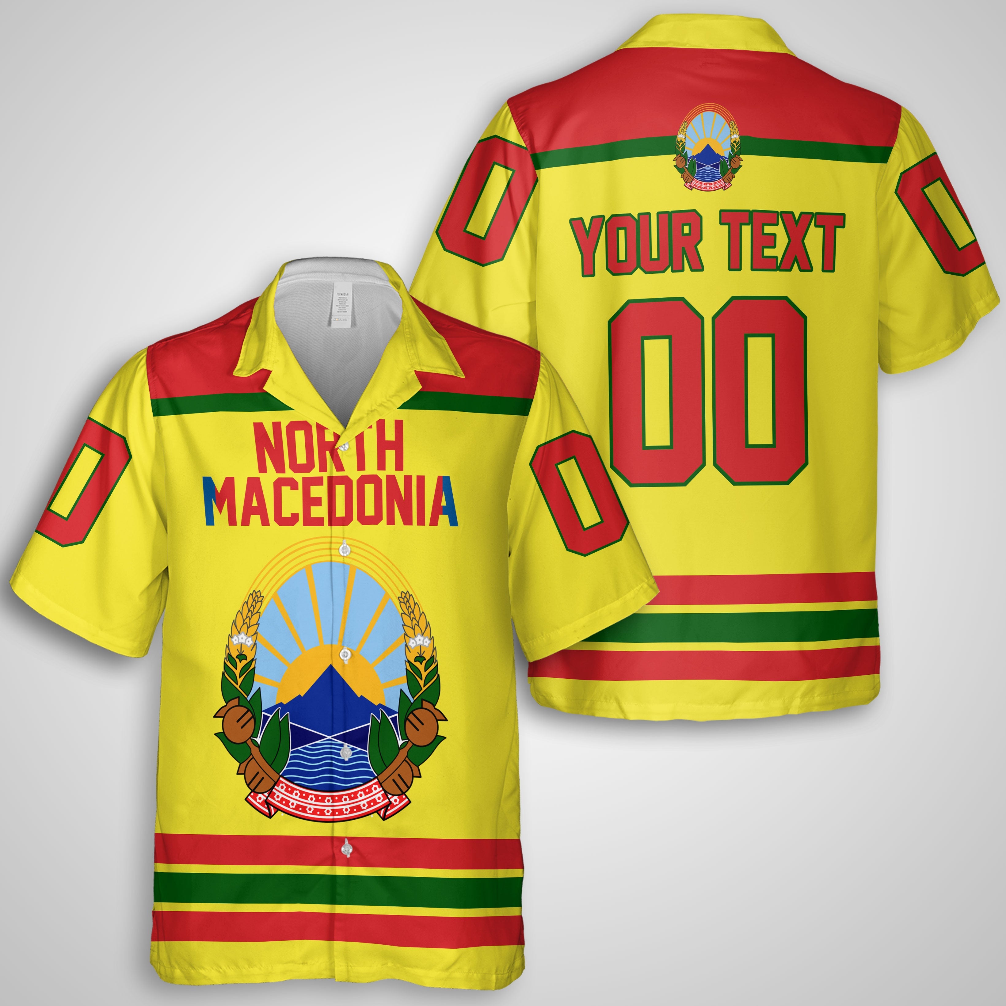 North Macedonia Hawaiian Shirt Flag & Coat Of Arms Hockey Style