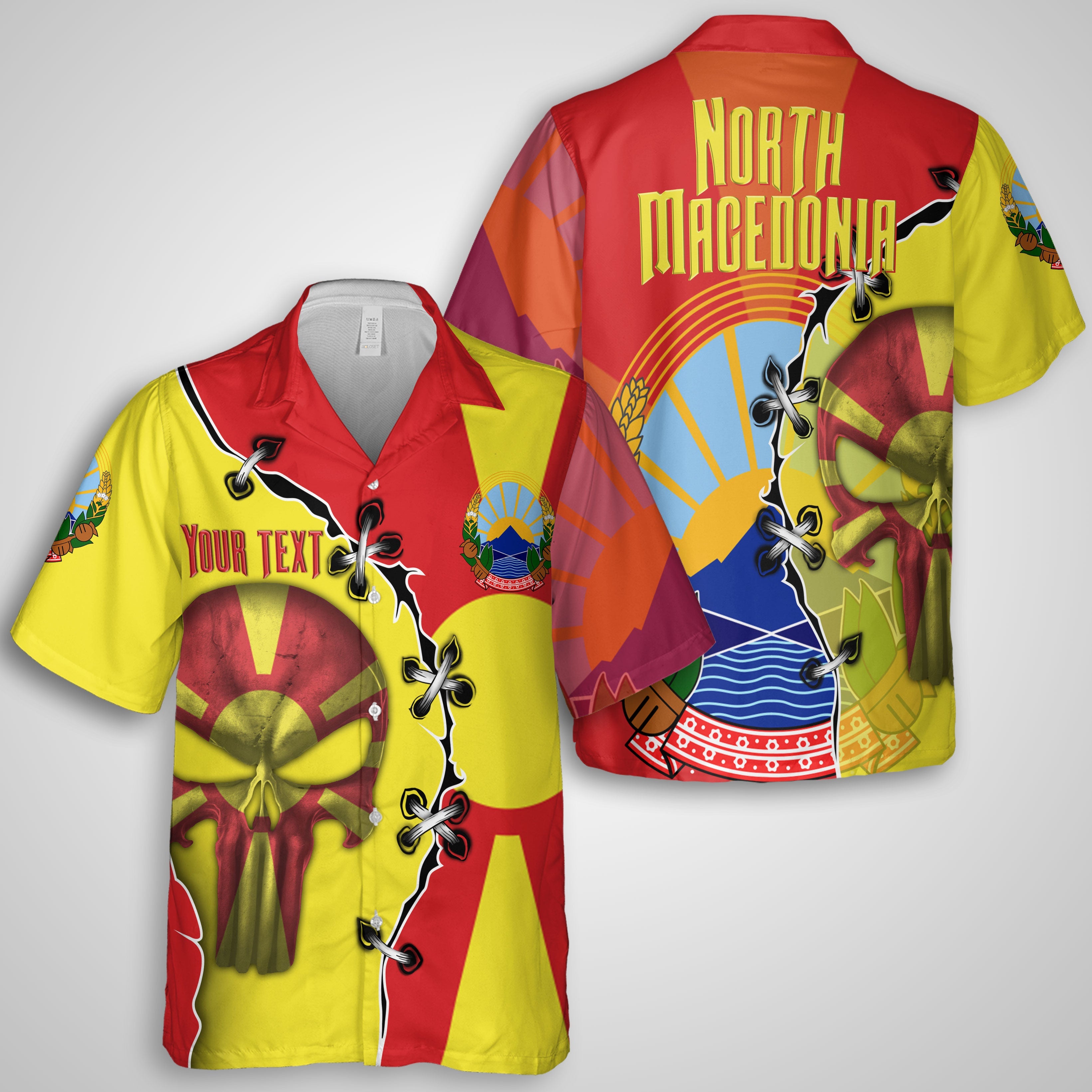 North Macedonia Hawaiian Shirt Flag & Coat Of Arms Skull Style