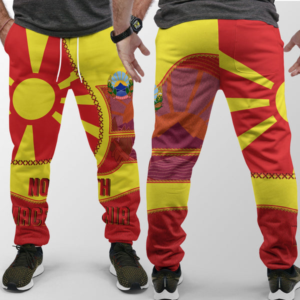 North Macedonia Jogger Pant Flag & Coat Of Arms Leather Style