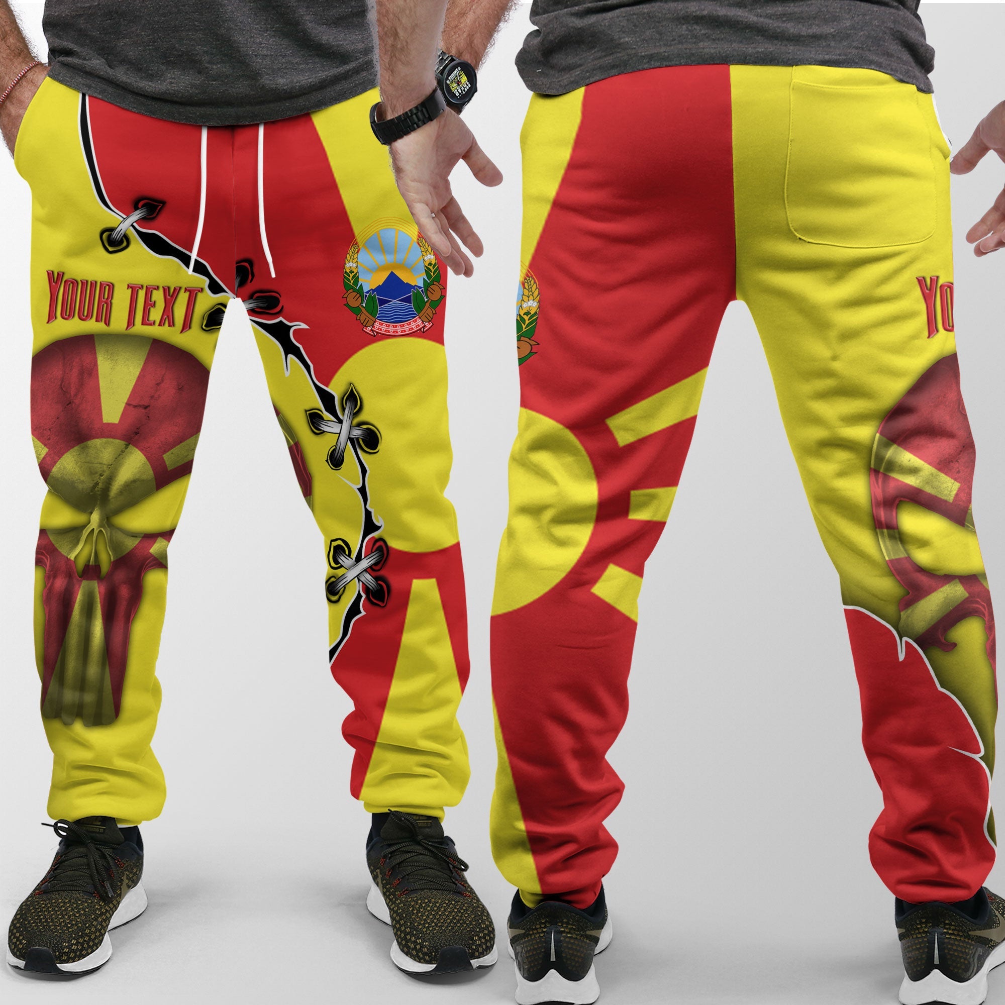 North Macedonia Jogger Pant Flag & Coat Of Arms Skull Style