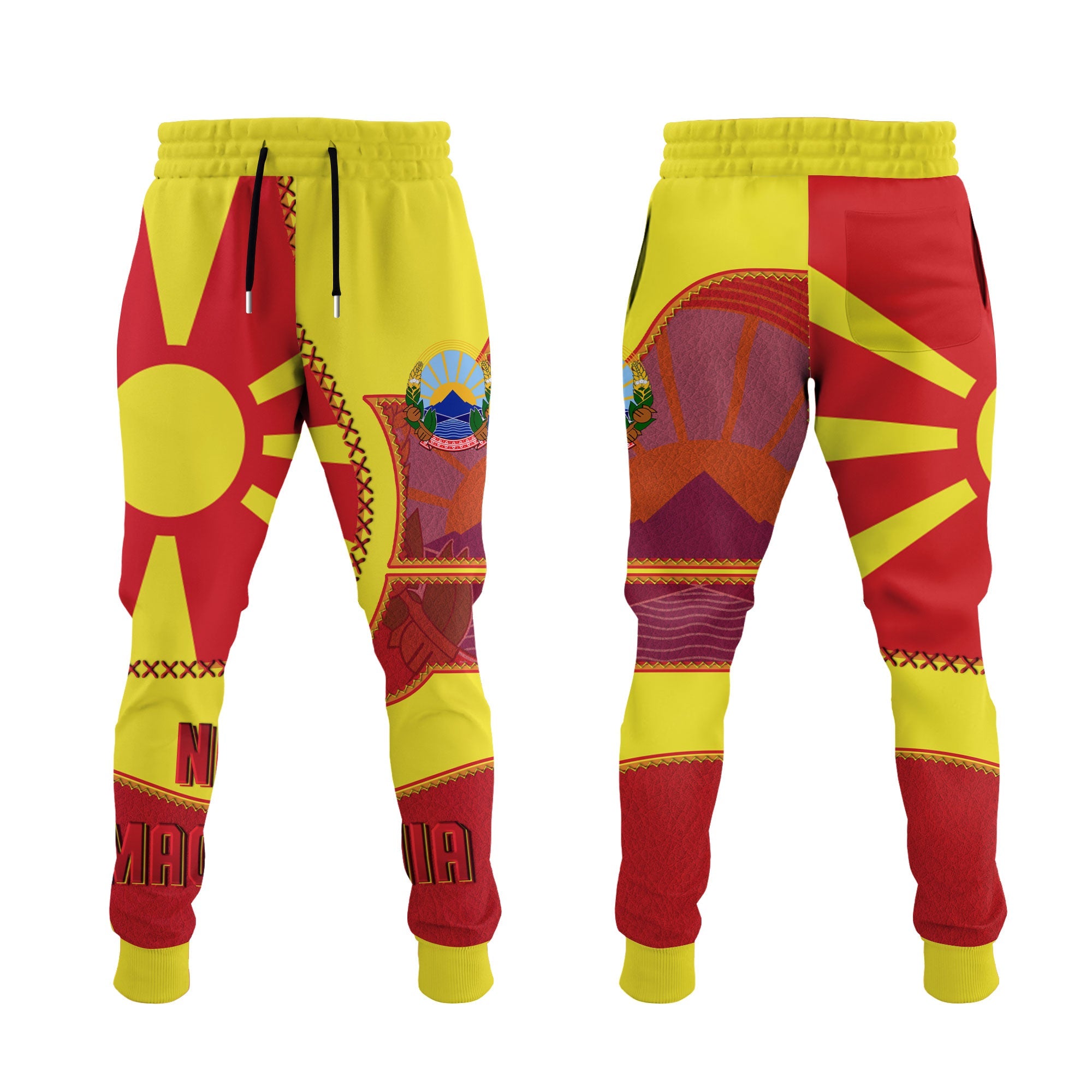 North Macedonia Jogger Pant Flag & Coat Of Arms Leather Style